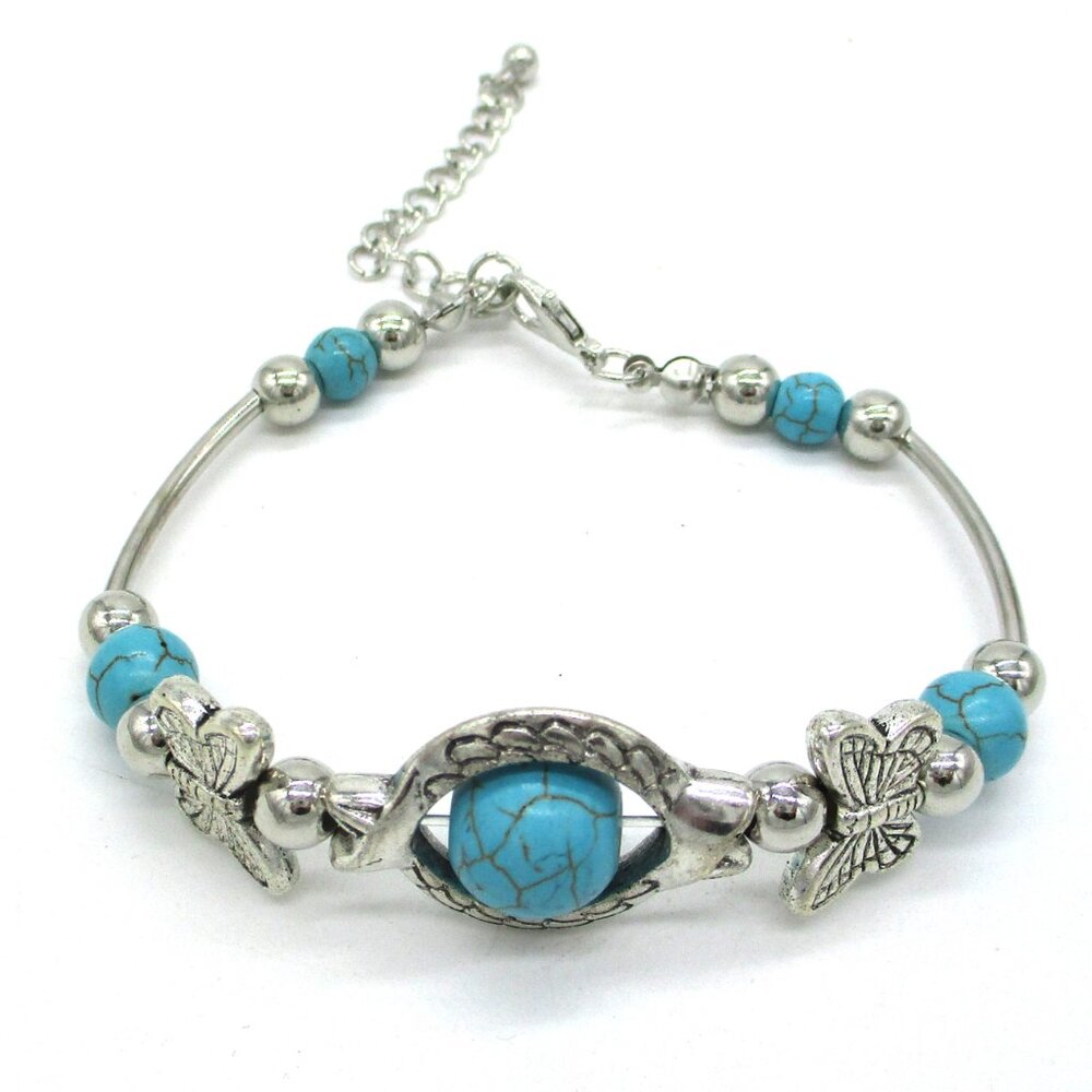 Faux Turquoise & Silver Adjustable Bracelet W/Butterflies